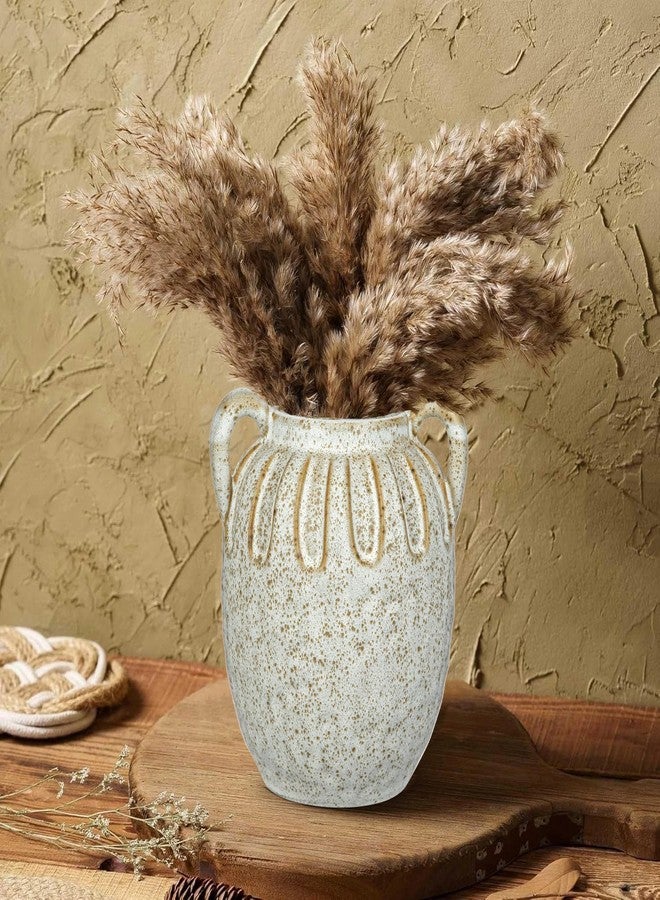 GnFlus Vintage Ceramic Vase with 2 Handles,Farmhouse Boho Vase for Home Decor, Petal-Like Pluting Rustic Vase for Flower, Centerpiece Table Decoration 6.1 Inch - Image 1